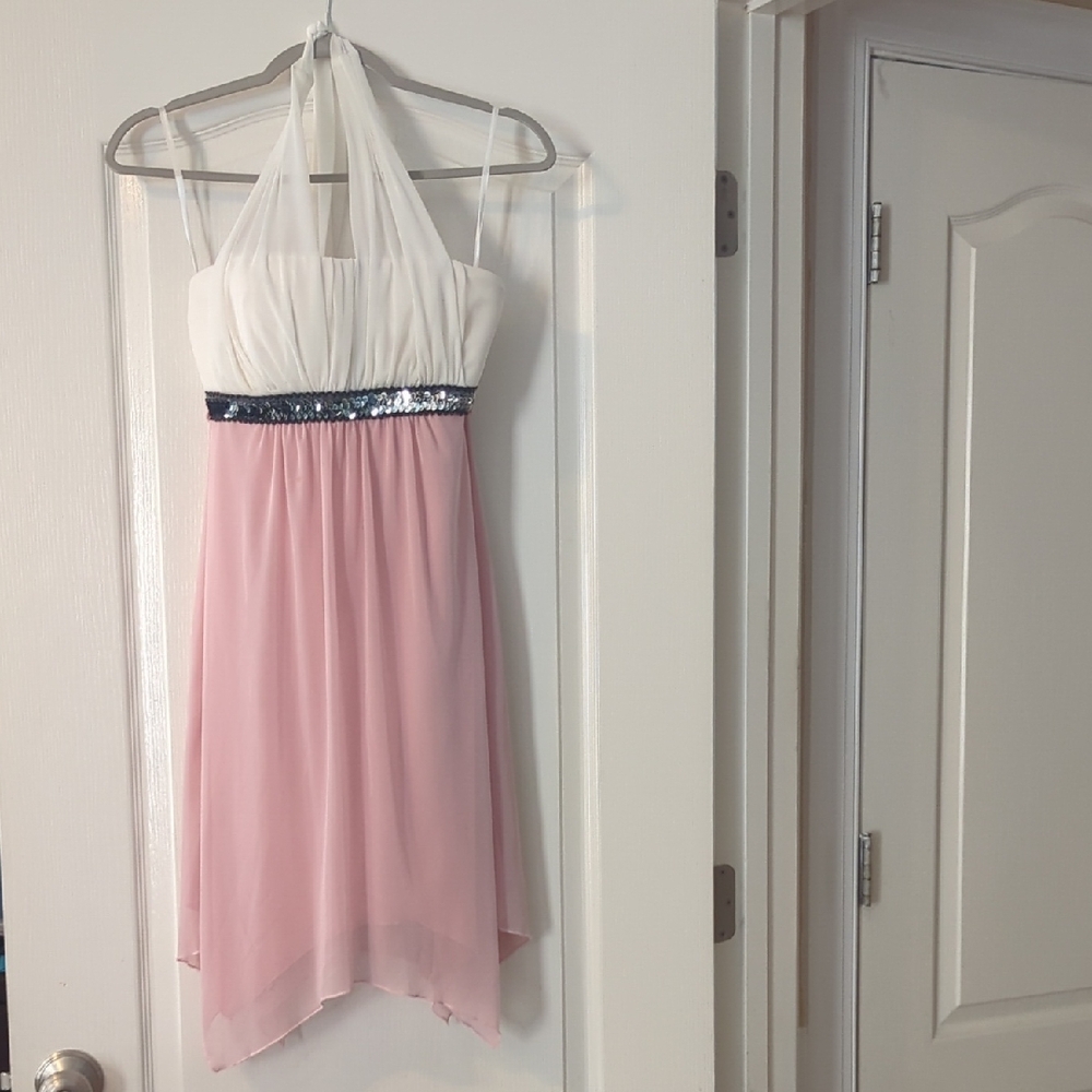 Pink and White Halter Dress with Sequin Detail